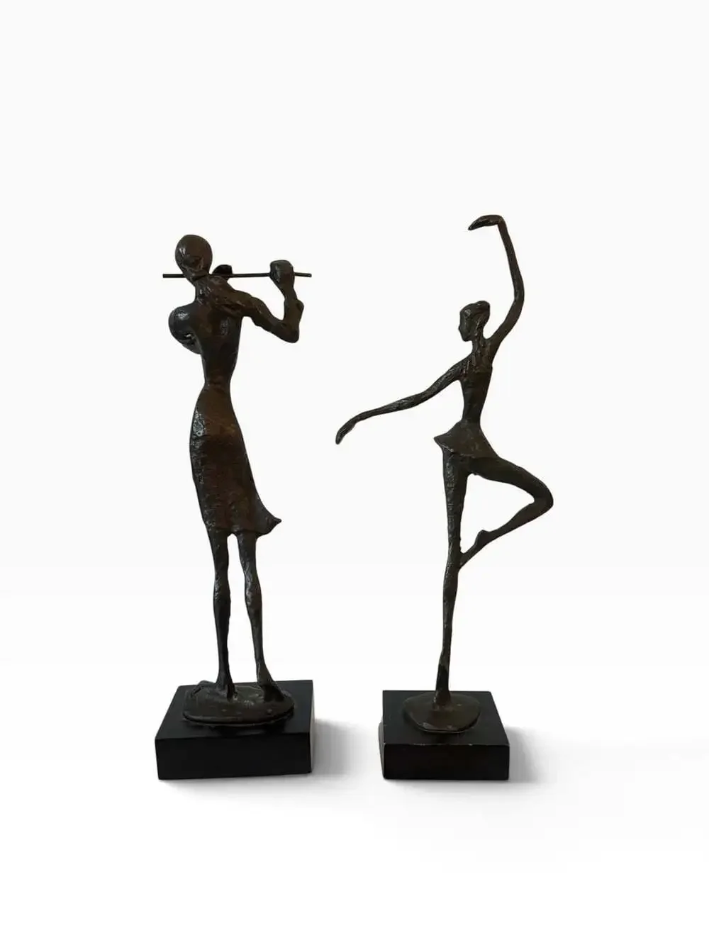 Pier 1 Brutalist Style Bronze Finished Ballerina and Musician Sculptures Set